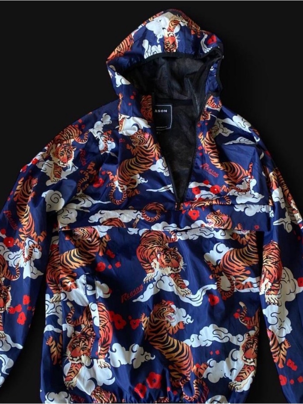 Reason Navy Hooded Windbreaker with Orange Tiger Print